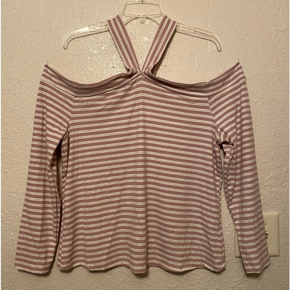 NWT CATO KNIT COLD SHOULDER LONG SLEEVE TOP BLUSH PINK, METALLIC GOLD & SILVER